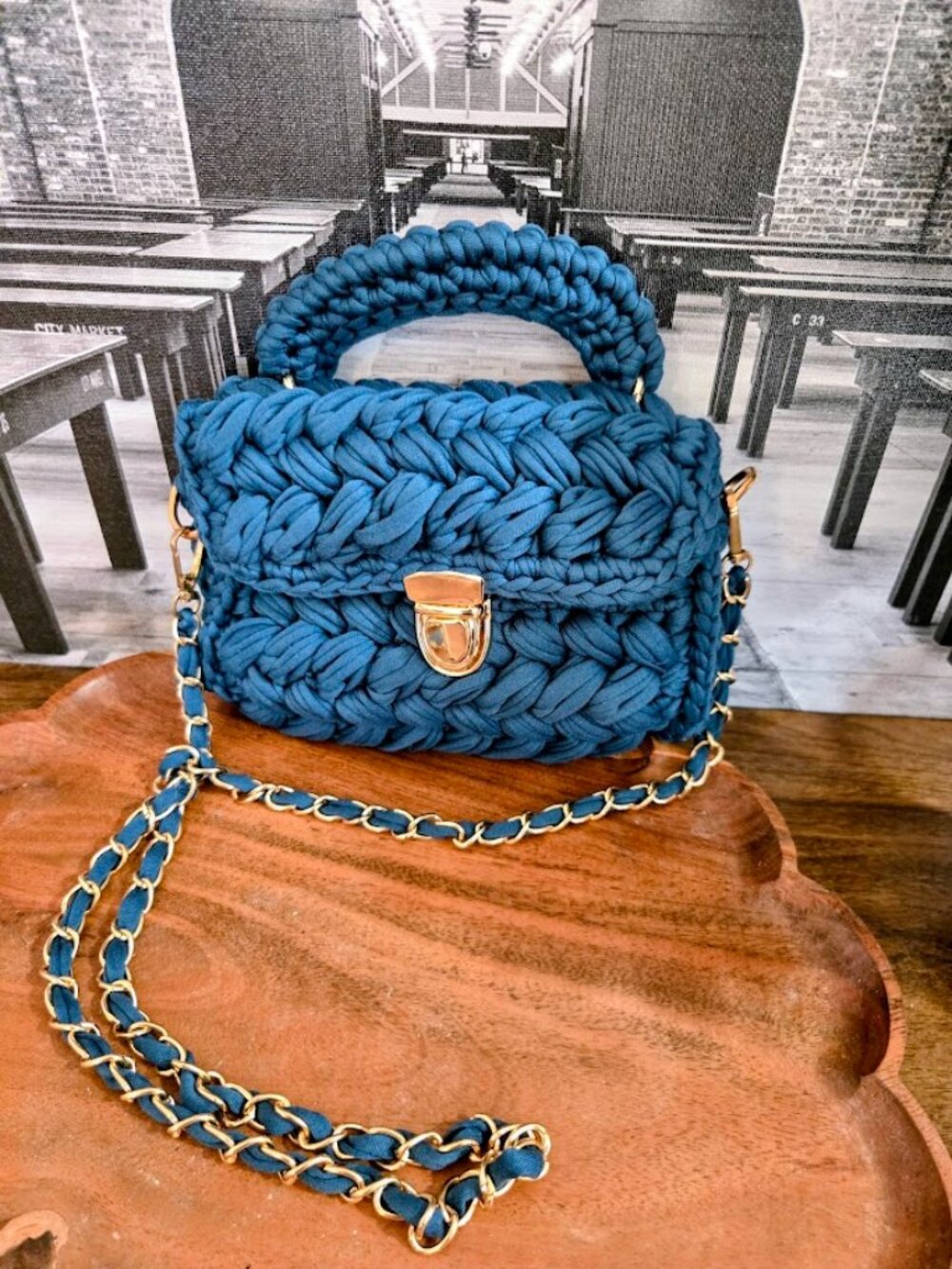 Chunky Knit Crossbody Bag Teal Blue Gold Chain Top Handle New